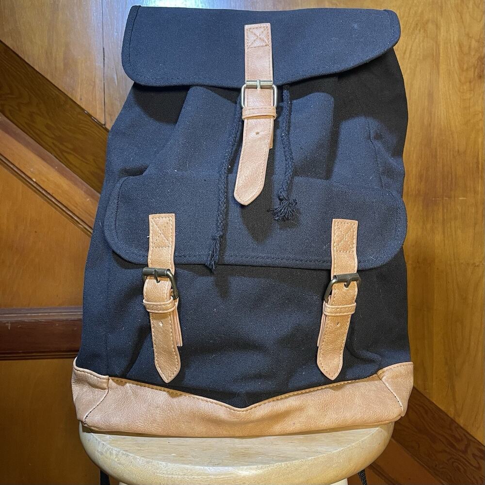 DSW - Black/Tan Canvas Backpack - Tie and Buckle Snap Button closure - NWOT